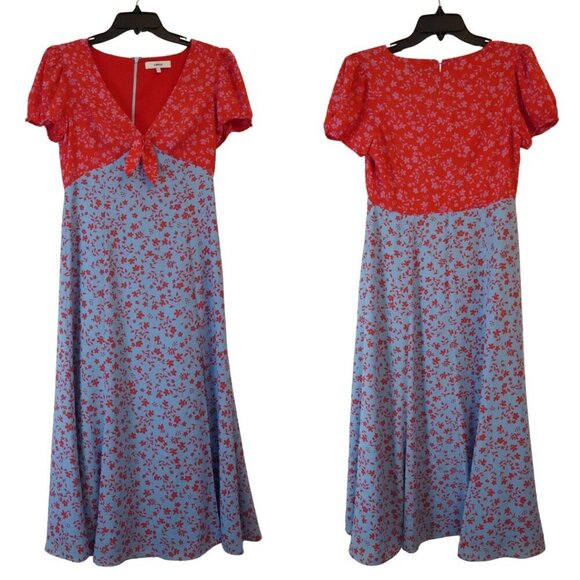 Likely, Raffa Floral Puff Sleeve Midi Slit Dress, Red, Light Blue Colorblock - Picture 2 of 7